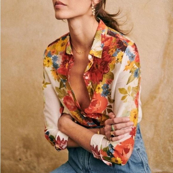 Sezane Tops - SEZANE Cream Red Floral Printed Lightweight Silk Cotton Button Down Pierro Shirt